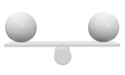 Simple seesaw scales weighing two abstract spheres. Balance, comparison and equality concept. 3d render isolated on white background.
