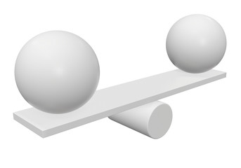 Simple seesaw scales weighing two abstract spheres. Balance, comparison and equality concept. 3d render isolated on white background.