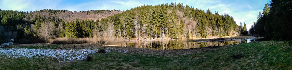 Les rives enneigées de l'étang du Devin, Le Bonhomme, Alsace, France