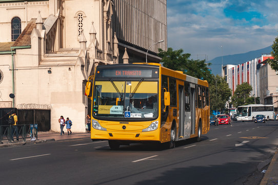 SANTIAGO, CHILE - DECEMBER 2015: A Transantiago public transport bus in downtown Santiago