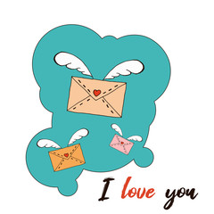 Poster for Valentine's Day. Valentine's card. I love you. Flying envelope. Vector illustration.