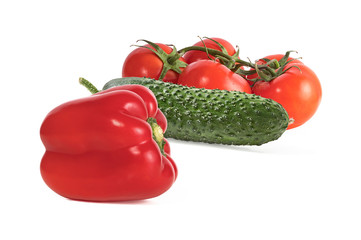 sweet pepper, green cucumber and red tomatoes on a branch  isolated on a white background
