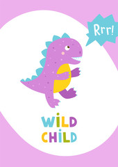 Kids vector card with cute dinosaur. Funny dragon illustration for children with lettering