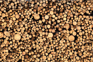 Stacked firewood as background. Heating house in winter