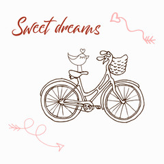 Valentine's Day. Sweet Dreams. Greeting card with a bicycle. Vector illustration.