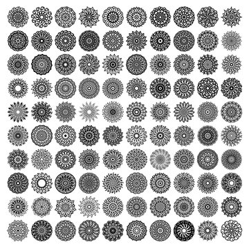 100 mandala set collection - detail vector. precision rose with line art style design. Mandala Tattoo for women art lovers. Inspiring tattoo designs for back, hands, neck, arms, legs and body.