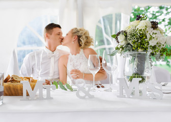  Wedding couple with signs MR and MRS