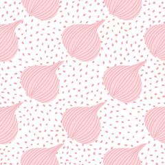 Hand drawn onion bulb vegetable wallpaper. Abstract onion seamless pattern on dots backdrop.
