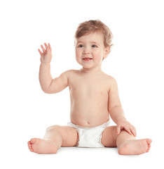Cute little baby in diaper on white background