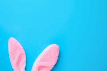 Easter bunny ears on light blue background, top view. Space for text