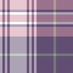 Plaid pattern seamless vector background in purple, pink, green, and white. Herringbone pixel check plaid for scarf, flannel shirt, blanket, or other spring, autumn, winter textile design.
