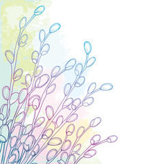 Corner bouquet with outline ornate Willow twigs in pastel blue and pink on the textured white background. 