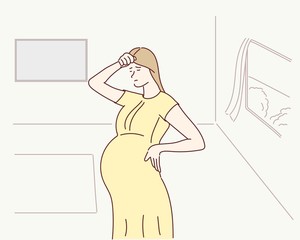 Pregnant woman suffers from back ache.Hand drawn style vector design illustrations.