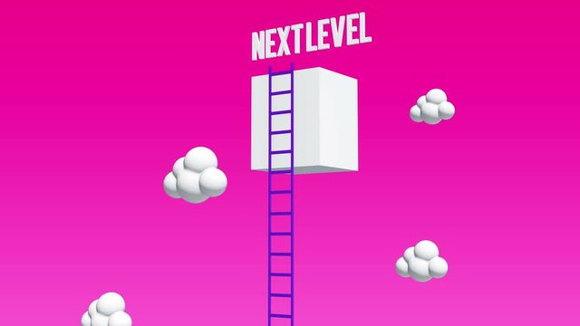 Next level with high giant box wall towards the sky with clouds and tall ladders. Pass challenge to reach the goal concept. Available in 4K video render footage.