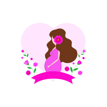 This is vector pregnant women, heart and flowers on white background. Cute illustration.