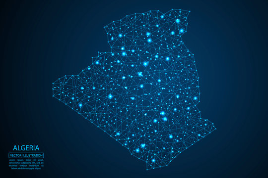 A map of Algeria consisting of 3D triangles, lines, points, and connections. Vector illustration of the EPS 10.