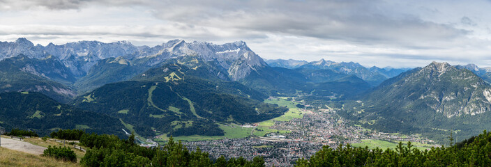 Panorama landscape view from the Wank with a detailed view of Garmisch Partenkirchen and the...