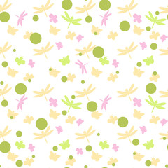 Seamless pattern with dragonflies, butterflies and bees in different colors on white background. Flat vector illustration.