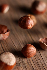 structural nuts with shells on a vintage wooden table