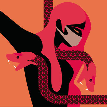 Woman with a mask surrounded by a snake
