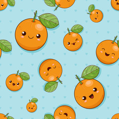 Seamless vector background with cute kawaii oranges, which fall down and smile.