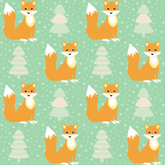Cute cartoon foxes and pine trees with snowflakes, winter seamlessbackground.