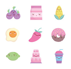 food cute cartoon character menu restaurant diet icons set line and fill style