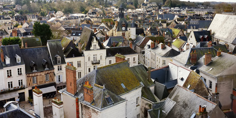 View on roof old houses near royal chateau in Amboise, valley of Loire, France.