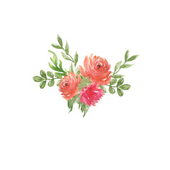 Watercolor illustration of a bouquet with a red flower and green leaves. Drawn in watercolor by hand and is suitable for all types of design and printing