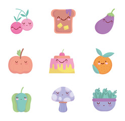 food cute cartoon character menu restaurant diet icons set line and fill style