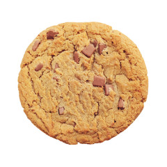 Freshly baked delicious cookie with milk chocolate chips isolated on white background.