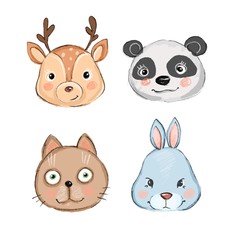 set of cute animals: deer, panda, cat, rabbit Isolated on white