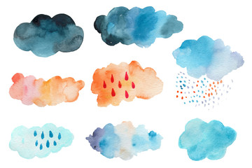 Cute weather icons. Forecast meteorology watercolor symbols. Scandinavian illustration.