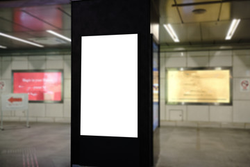 blank advertising billboard at airport,Mock up Poster media template Ads display in Subway station escalator.
