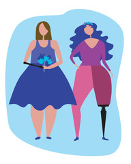 A woman with a prosthetic leg and a European girl with a prosthetic leg, a vector stock illustration as a concept of inclusiveness and friendship