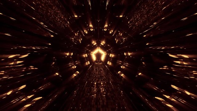 Modern Sci Fi Futuristic Alien Ship Pentagon Corridor Tunnel With Golden Neon And Led Glowing Lights Empty Space.