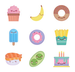 food cute cartoon character menu restaurant diet icons set line and fill style
