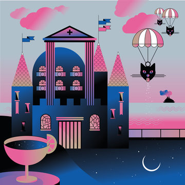 Surrealist landscape with a castle and parachutes