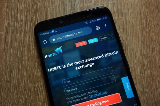 KONSKIE, POLAND - December 16, 2018: HitBTC cryptocurrency exchange website (www.hitbtc.com) displayed on smartphone