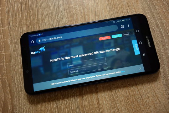 KONSKIE, POLAND - December 16, 2018: HitBTC cryptocurrency exchange website (www.hitbtc.com) displayed on smartphone