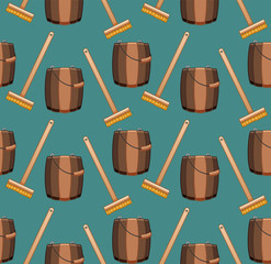 Cartoon style mops with brushes and wooden buckets for cleaning seamless pattern on blue background