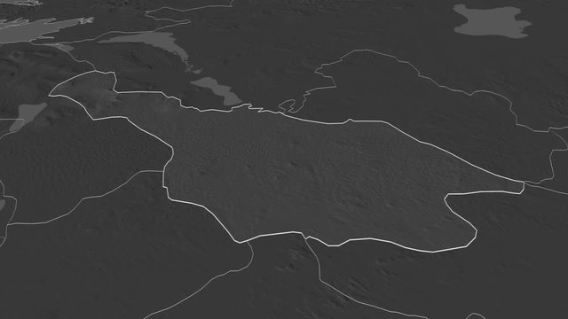 Cavan, county with its capital, zoomed and extruded on the bilevel map of Ireland in the conformal Stereographic projection. Animation 3D