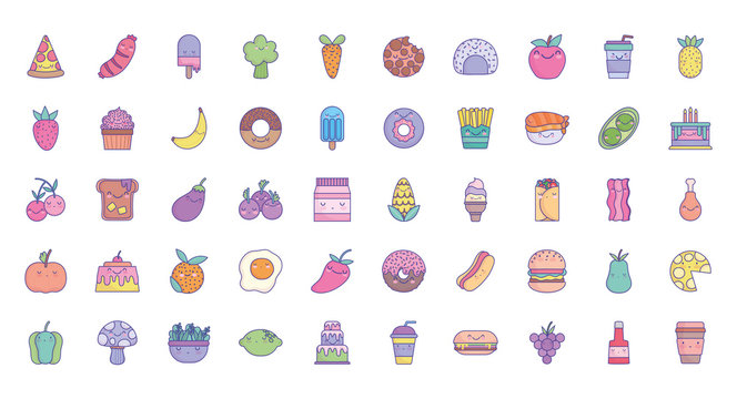 food cute cartoon character menu restaurant diet icons set flat style icon