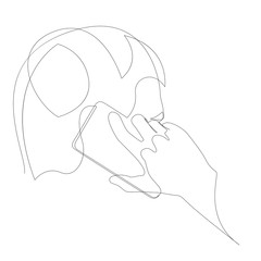 Young man is talking on a mobile phone drawing one continuous line. Vector illustration.