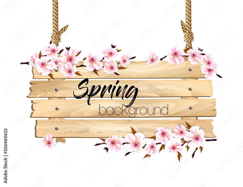 Poster spring nature background with a pink sakura blossom and wooden sign. vector