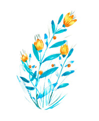 Watercolor illustration. Stylized bouquet of wild flowers in turquoise color with yellow buds. Watercolor composition for design, print, postcard, etc.