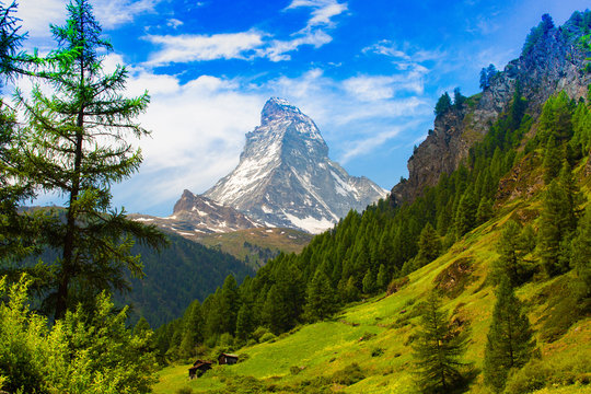 The peak of Matterhorn in Switzerland from the village of Zermatt in the fresh spring.