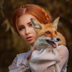 Close up portrait amazing cute young woman in beautiful fairy-tale image with fire red hair in...