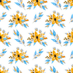 Fototapeta na wymiar Hand-drawn watercolor flowers, branches and leaves on a white background seamless pattern.Botanical pattern for fabric,invitations, wrapping paper, cards and other material.