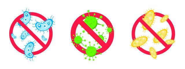3 stop viruses and bad bacterias or germs prohobition sign. Big viruses or gems in the red stop defence circle flat style design vector illustration isolated on white background.